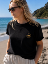 Lade das Bild in den Galerie-Viewer, BIO-T-SHIRT (BLACK) "SUNSET" STICKEREI- UNISEX
